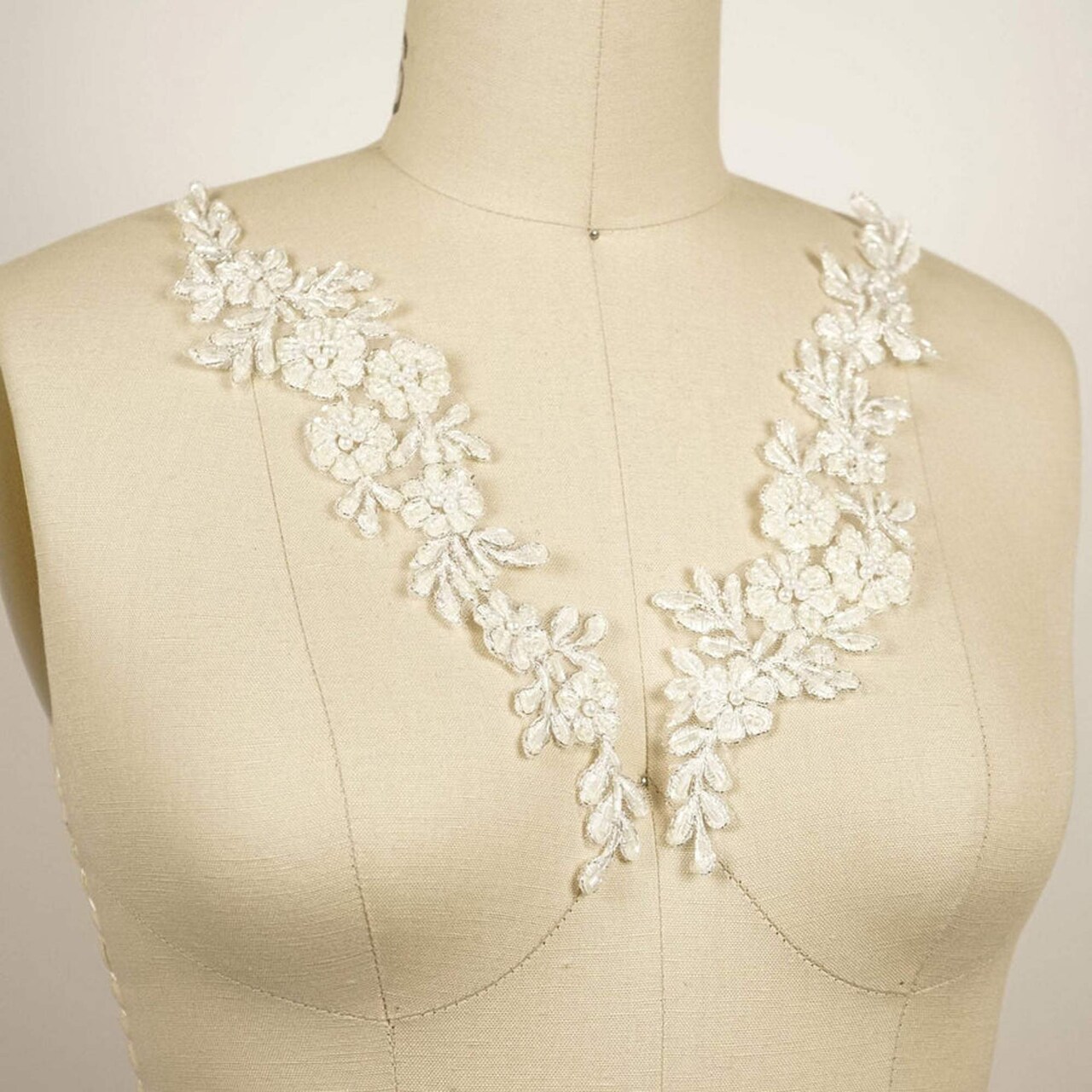 Ivory and Silver Beaded Appliques 10" Floral Lace Pair for Bridal Gown or Dance Costume